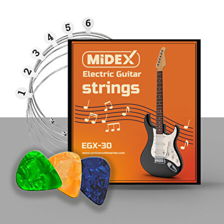 Midex EGX-30 Elektro Gitar Teli Takımı ve Pena Seti